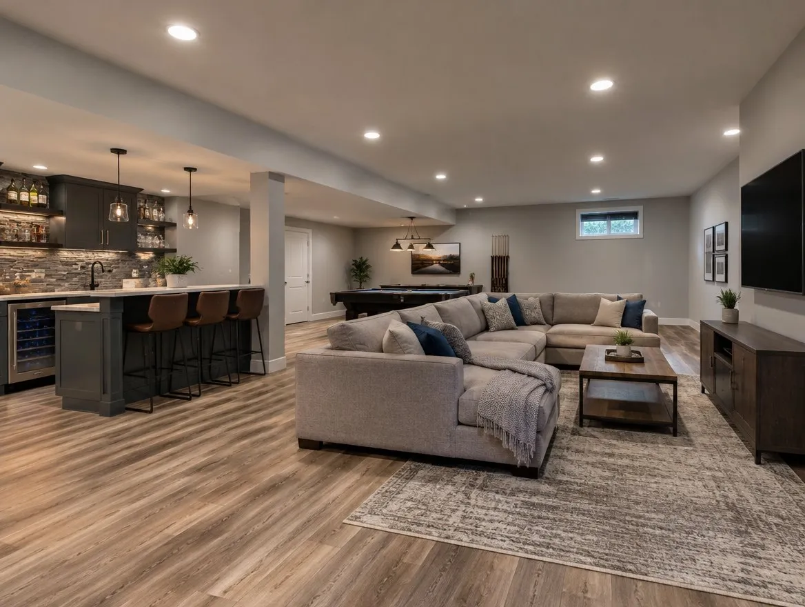 Illustrative finished basement living space