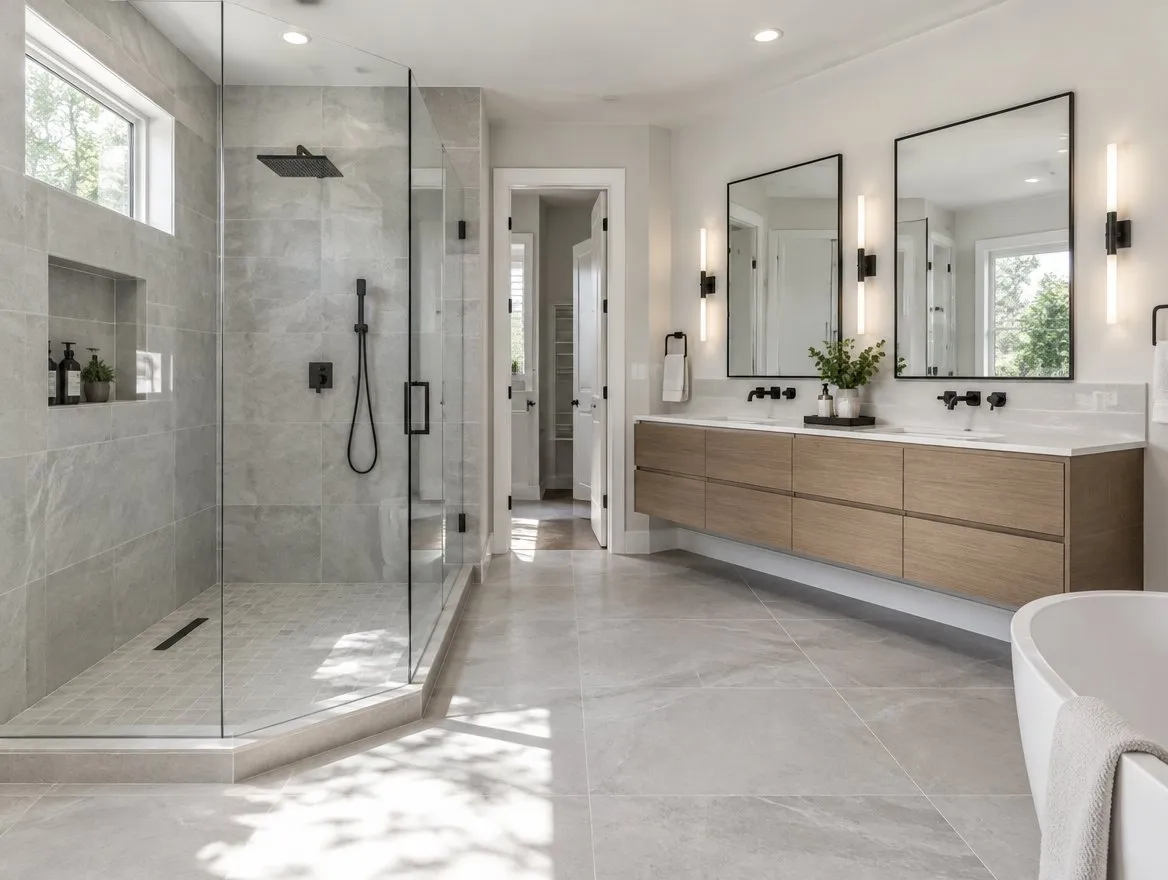 Illustrative bathroom remodel with a tiled shower