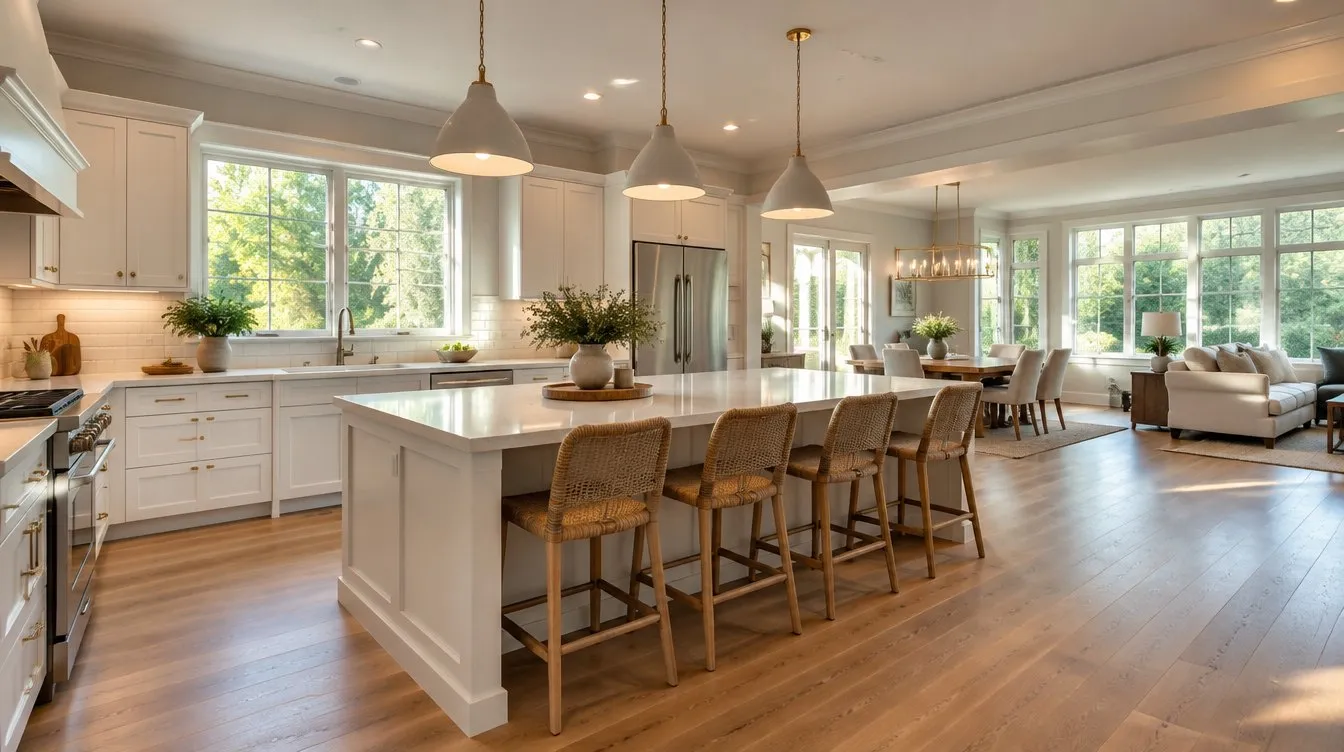 Illustrative remodeled kitchen with an island and white cabinets